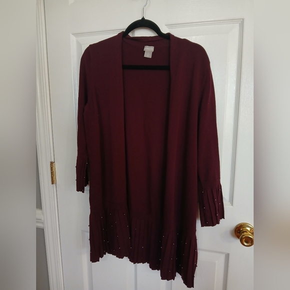Chico's Sweaters - Chicos Eggplant Purple Open Front Pleated Faux Pearl Long Duster Cardigan Casual